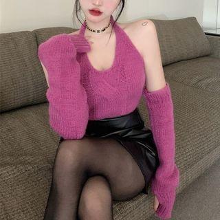 Set: Halter-neck Knit Cropped Camisole Top + Arm Sleeves