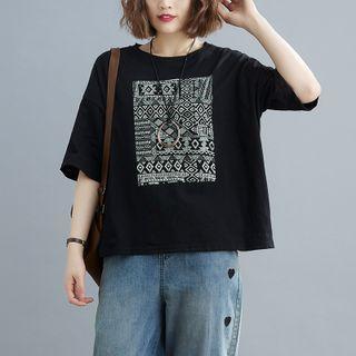 Elbow-sleeve Patterned Top Black - One Size