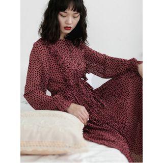 Dotted Ruffle Trim Long-sleeve Midi A-line Dress
