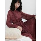 Dotted Ruffle Trim Long-sleeve Midi A-line Dress