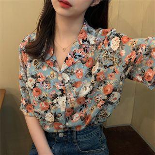Short-sleeve Floral Shirt Blue - One Size