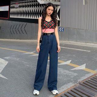 Heart Print Knit Camisole Top / Wide-leg Jeans
