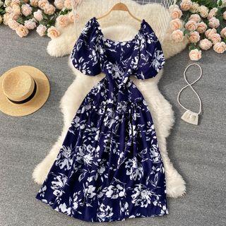 Off-shoulder Print Puff Short-sleeve Chiffon Dress