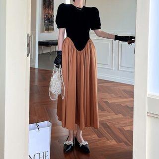Puff Sleeve Two-tone Midi Pleated Dress
