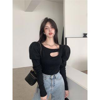Asymmetrical Puff-sleeve Cutout T-shirt
