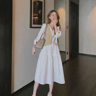 Long-sleeve Midi A-line Dress / Vest / Set
