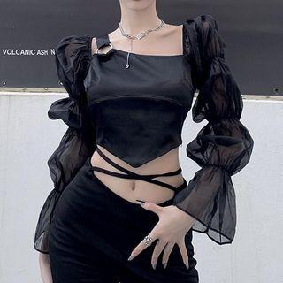 Asymmetrical Puff-sleeve Crop Blouse / Wide Leg Pants