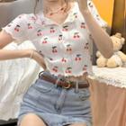 Short-sleeve Cherry Print Knit Crop Top Cherry - White - One Size