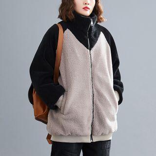 Stand Collar Two-tone Fleece Jacket Black & Beige - One Size