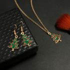 Set: Alloy Christmas Tree Dangle Earring + Pendant Necklace Gold - One Size