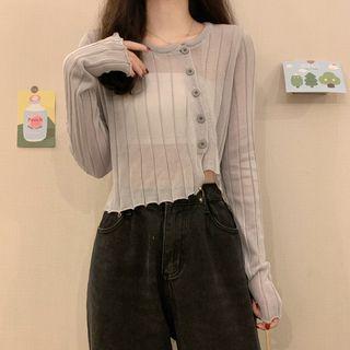 Long-sleeve Asymmetrical Sheer Single-breasted Knit Top