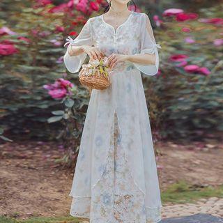 Elbow-sleeve Floral Print Cold-shoulder Midi Dress