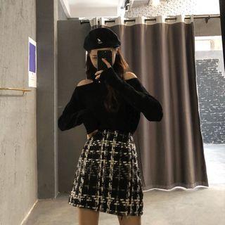 Cold-shoulder Sweater / Patterned A-line Skirt
