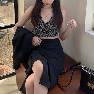Leopard Print Camisole Top / Slit A-line Skirt / Blazer