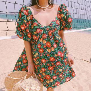 Puff-sleeve Flower Print Mini Shift Dress