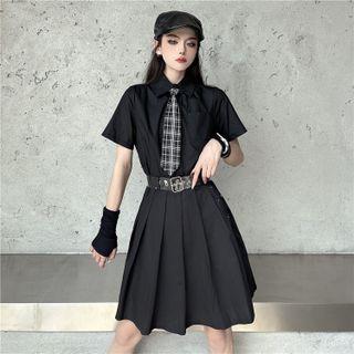 Set: Short-sleeve Shirtdress + Pvc Belt + Plaid Neck Tie