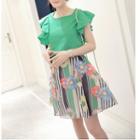 Set: Ruffle Sleeve Blouse + Floral Print A-line Skirt