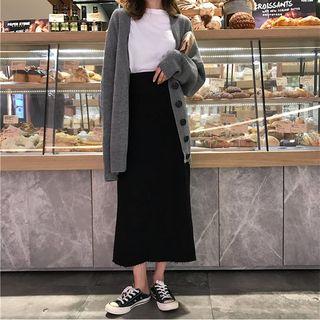 Plain Loose-fit Cardigan / Plain High-waist Skirt