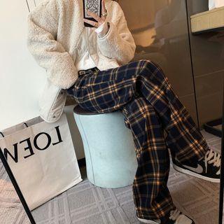 Drawstring Plaid Loose Fit Pants
