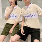 Couple Matching Elbow-sleeve Letter Polo Shirt / Cargo Shorts