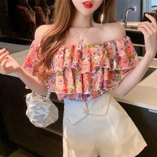 Short-sleeve Floral Print Off-shoulder Blouse / Shorts