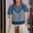 Short-sleeve Plain T-shirt / Striped Knit Camisole Top