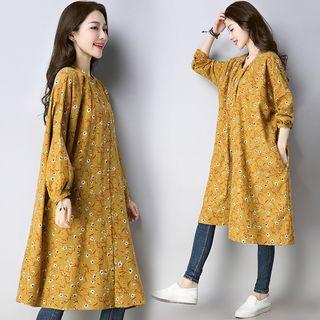 Floral Stand-collar Lantern-sleeve Dress