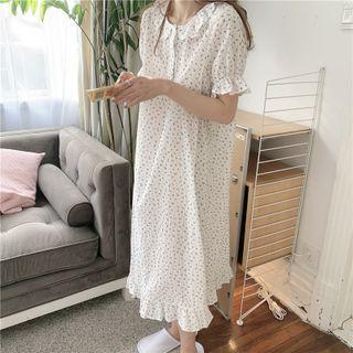 Short-sleeve Flower Print Midi A-line Dress Flower Print - White - One Size