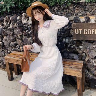 Long-sleeve Collared Ruffle-trim Midi A-line Dress