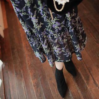 Frill-neck Floral Chiffon Long Shirtdress