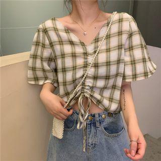 Short-sleeve Plaid Drawstring Top