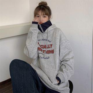 Lettering Print Turtleneck Drawstring Hoodie