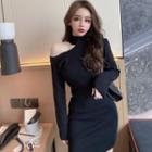 One-shoulder Long-sleeve Mini Sheath Dress Black - One Size