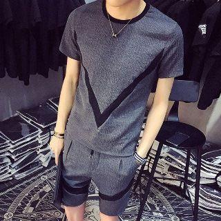 Set: Short-sleeve Contrast-trim T-shirt + Shorts