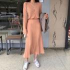 V-neck Cardigan / High Waist Midi Knit Skirt / Set