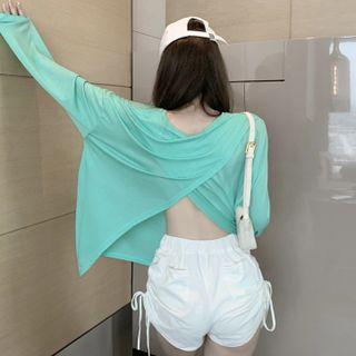 Long-sleeve Asymmetric Plain Sheer T-shirt / High-waist Drawstring Plain Shorts