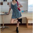 Balloon-sleeve Blouse / Denim Pinafore Dress