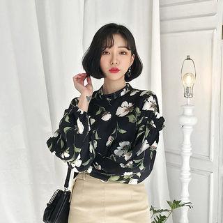 Mandarin-collar Balloon-sleeve Floral Blouse