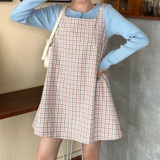 Plaid Mini A-line Pinafore Dress As Shown In Figure - One Size