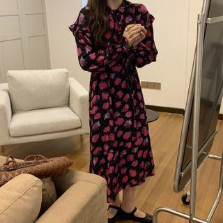 Long-sleeve Floral Print Midi A-line Dress Floral - Rose Pink & Black - One Size