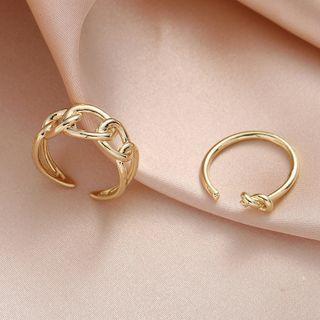 Set Of 2: Rhinestone / Knot Alloy Ring Set Of 2 - Gold - One Size