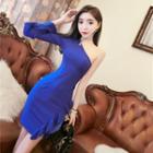 One-shoulder Ruffled Mini Sheath Dress