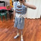 Puff-sleeve Blouse / Plaid Buckled Vest / Shorts