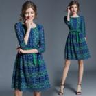 Gathered-waist 3/4-sleeve Floral Print Crewneck A-line Sheath Dress