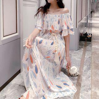 Off-shoulder Print Short-sleeve Midi A-line Dress