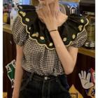 Off-shoulder Embroidered Plaid Panel Top