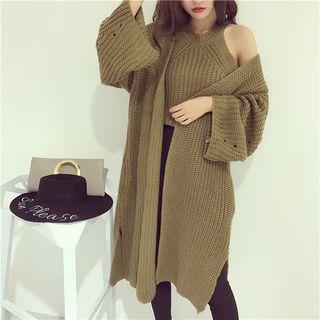 Set: Halter Knit Top + Wide-sleeve Chunky Cardigan