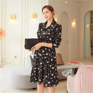 Frill-trim Floral Midi Shirtdress Black - One Size