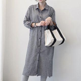 Long-sleeve Gingham Midi Shirtdress