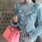 Stand-collar Ruffle-trim Crinkled Blouse